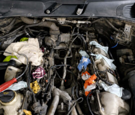 Моторный отсек Mercedes-Benz со снятыми компонентами двигателя и заглушенными отверстиями.